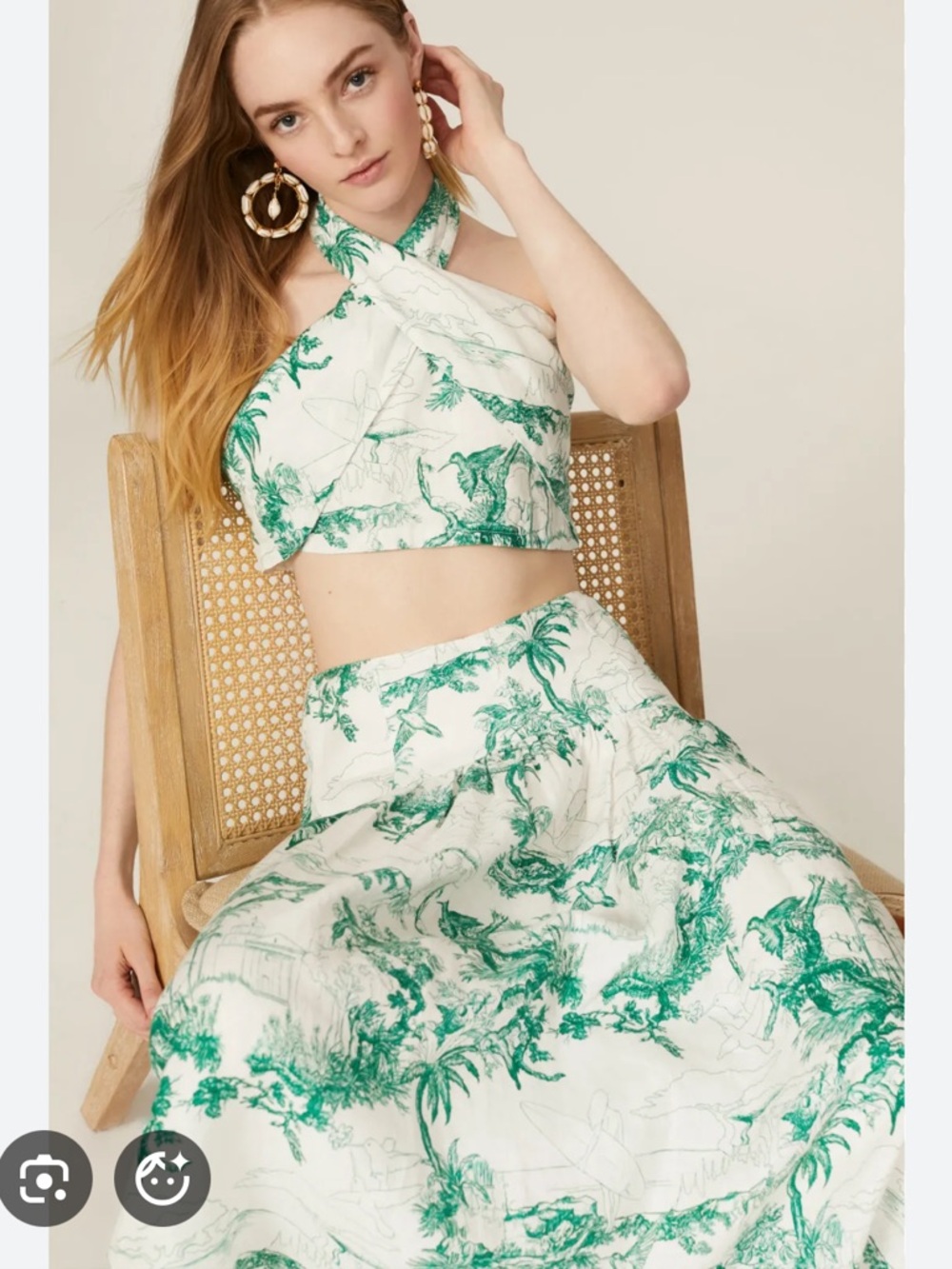 Joie Cream and Green Toile Maxi Skirt and co-ord Crop Top